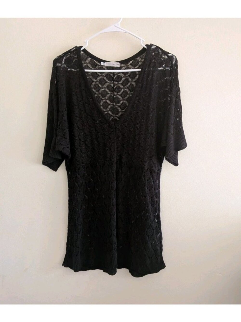 Maurices Black Open Knit Crochet Top Size 1 XL Whimsigoth Boho Sheer V-Neck